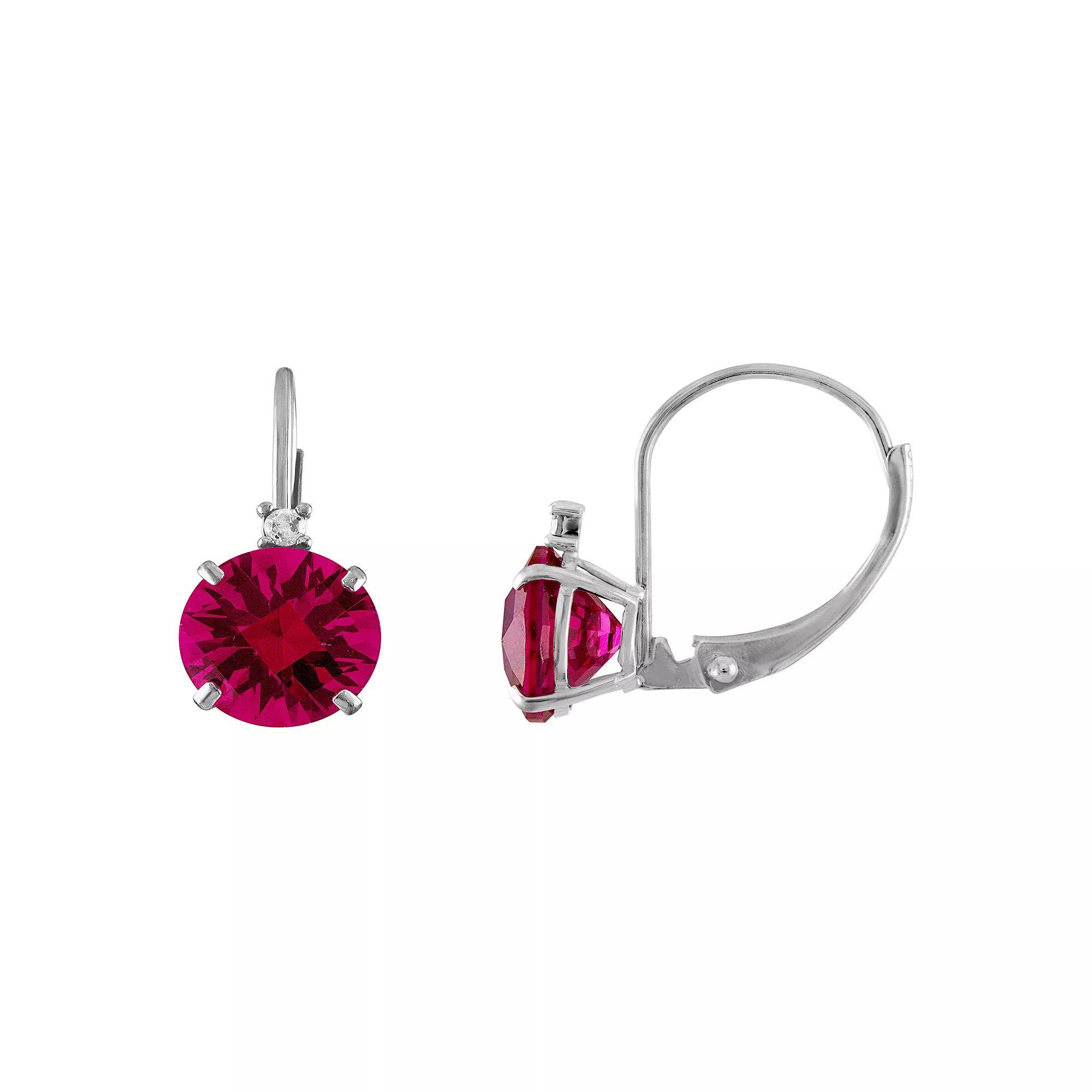 Tiara 10k White Gold Lab-Created Ruby & Diamond Accent Leverback Earrings, Womens Product Image