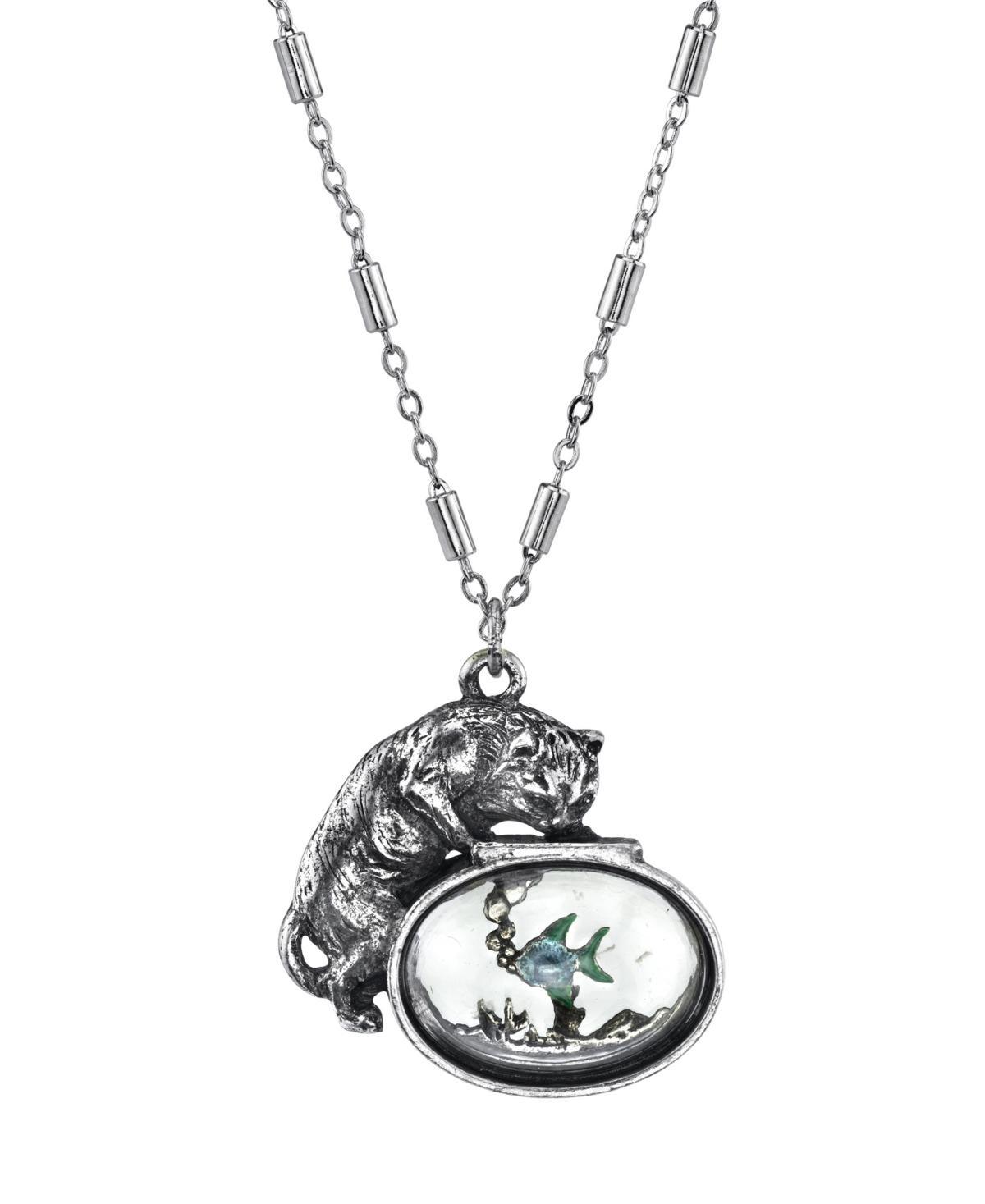 1928 Cat & Fish Pendant Necklace, Womens, Blue Product Image