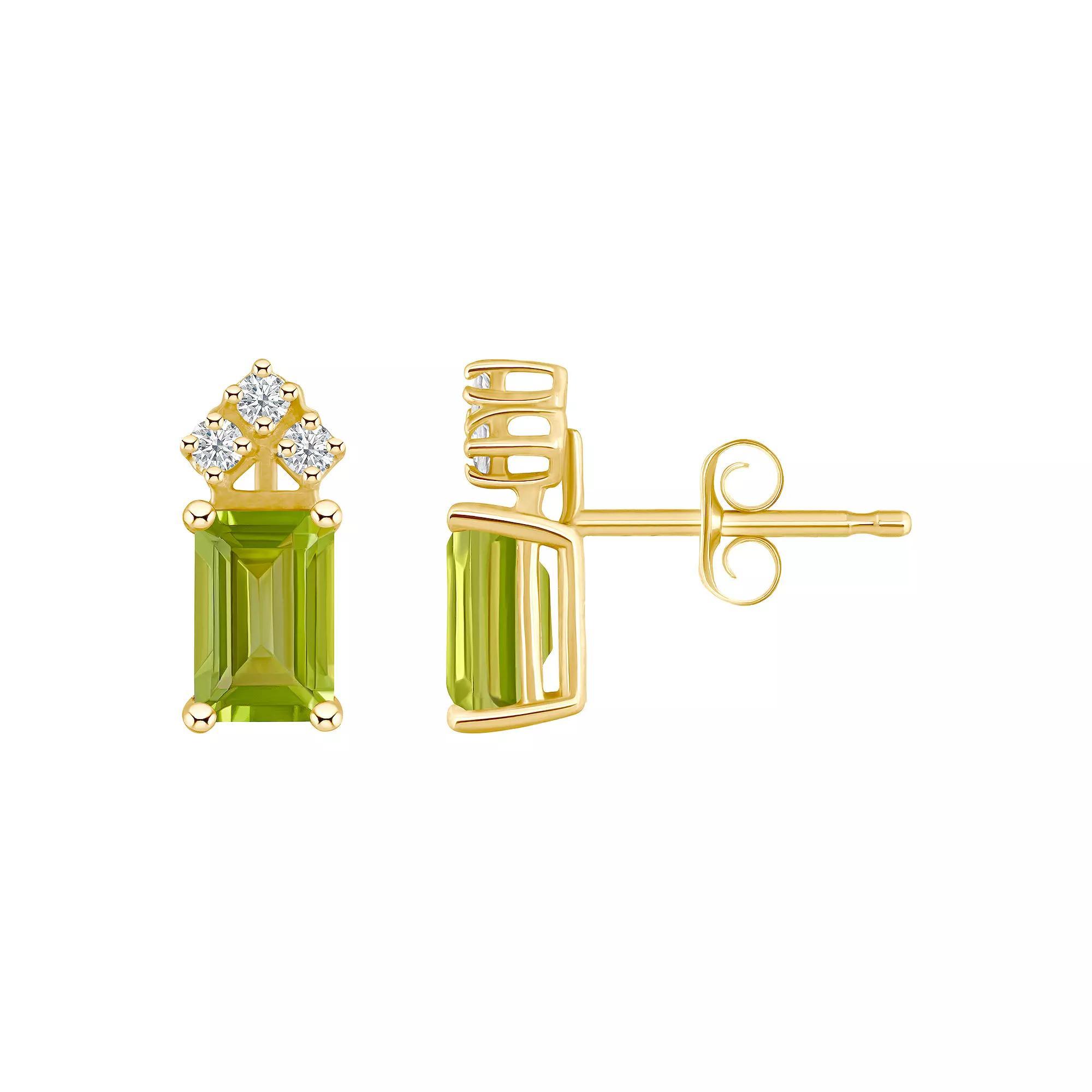 Celebration Gems 14k Gold Emerald Cut Peridot & 1/8 Carat T.W. Diamond Stud Earrings, Women's Product Image