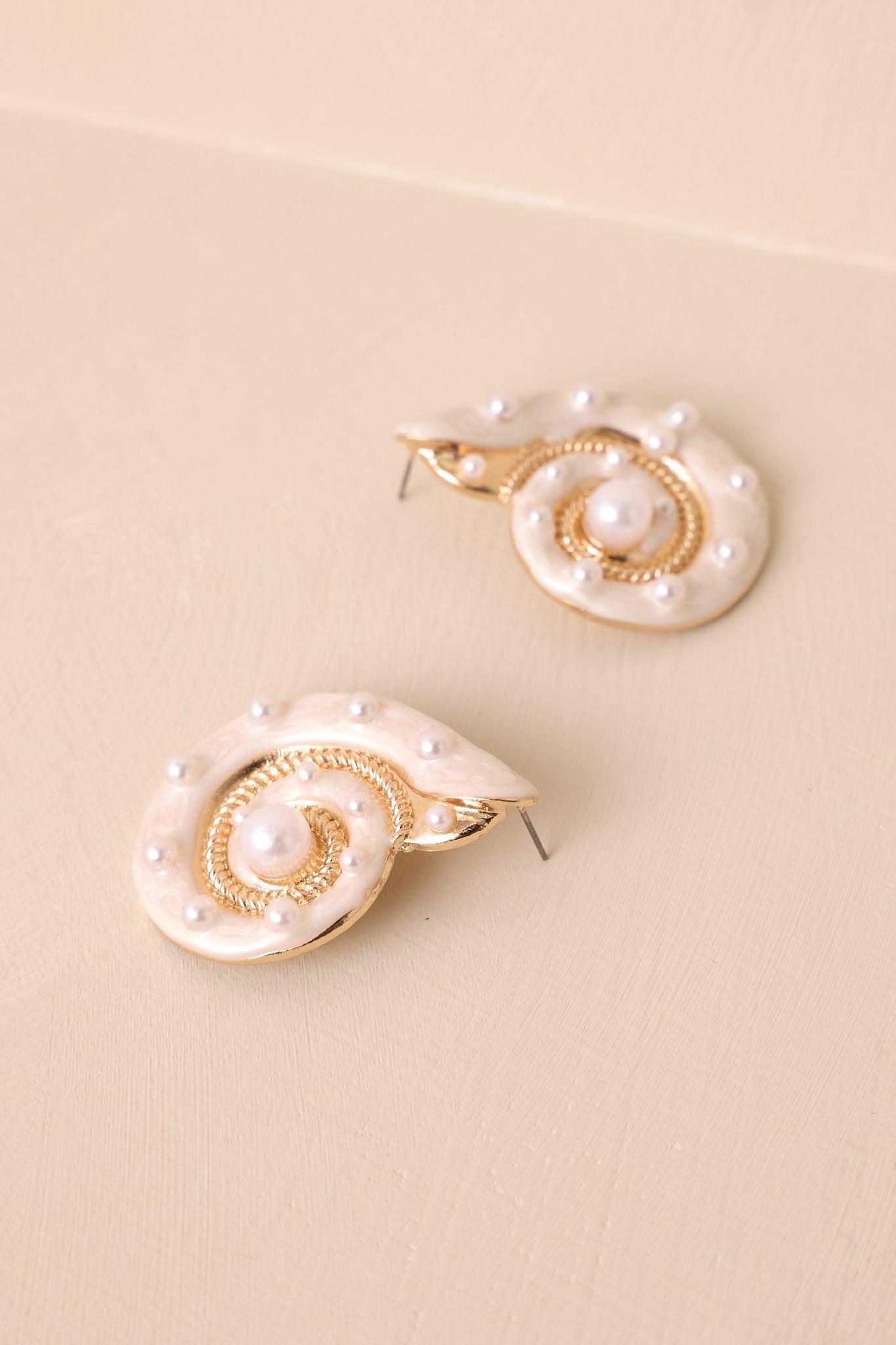 Delicate Waves Gold & Ivory Pearl Seashell Earrings Product Image