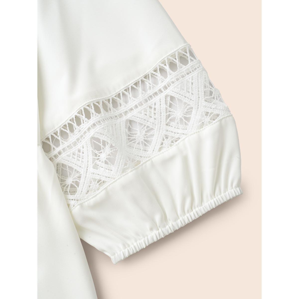 Plus Size WhiteSmoke Notched Patchwork Cut Out Lantern Sleeve Blouse Women At the Office Elbow-length sleeve Flat collar with V-notch Office Blouses BloomChic 30/6X Product Image