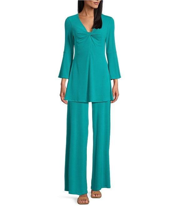 Eva Varro Knit Jersey Twist V-Neck 3/4 Bell Sleeve A-Line Flowy Tunic Product Image