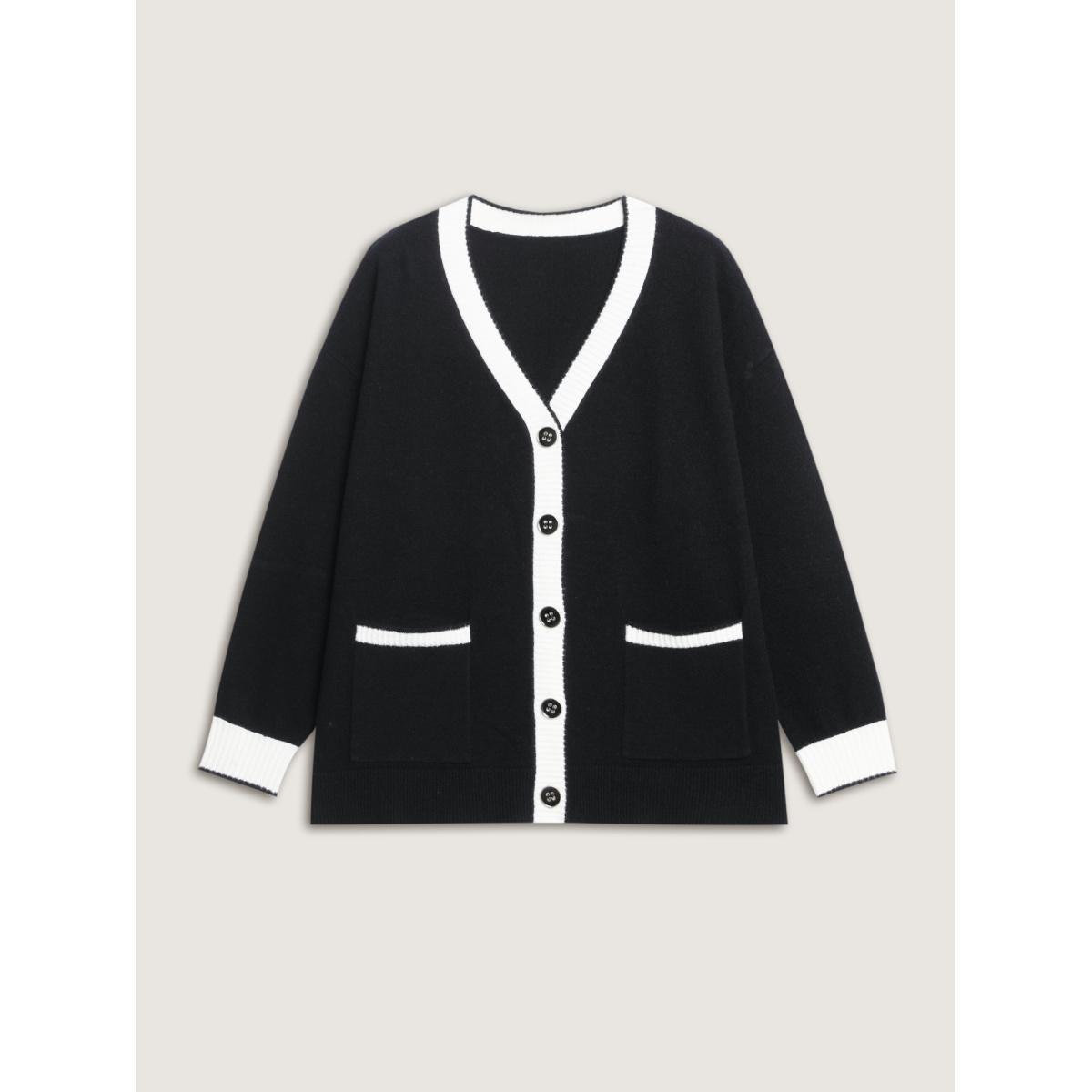 Plus Size Supersoft Contrast Trim Pocketed Cardigan Black Women Office Loose Long Sleeve Office Cardigans BloomChic 26/4X Product Image