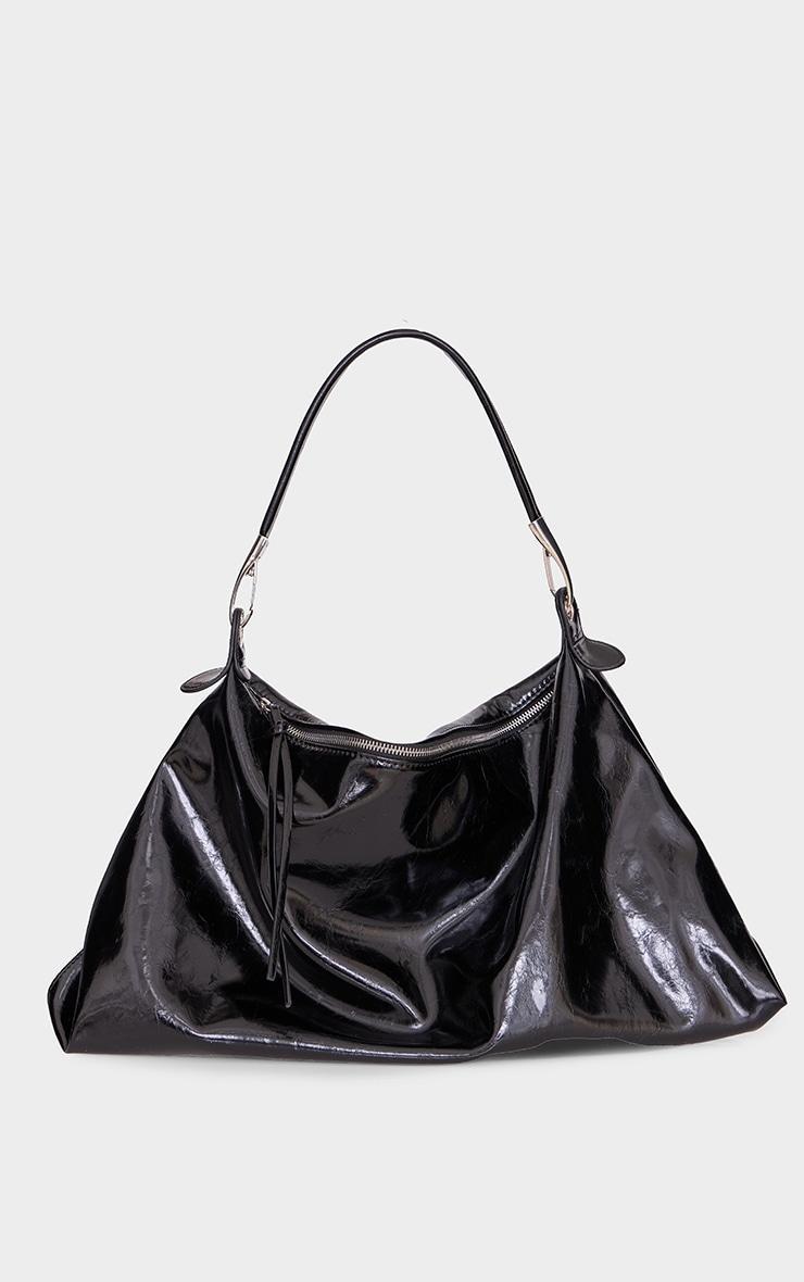 Black Crinkle Patent PU Oversized Slouchy Tote Bag Product Image