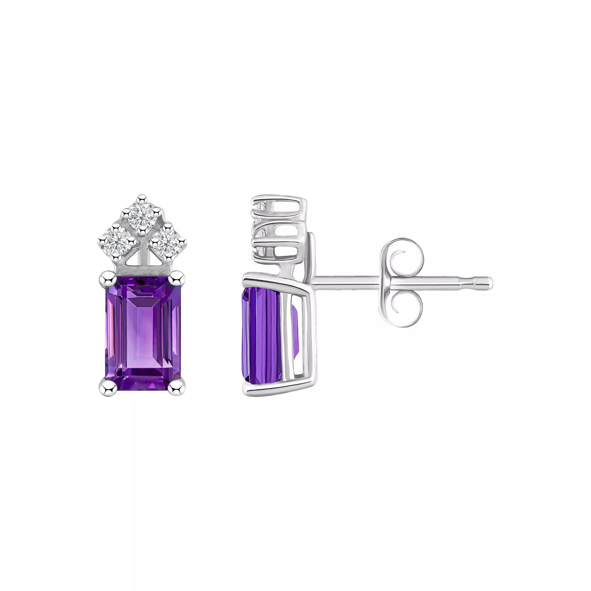 Celebration Gems 14k Gold Emerald Cut Amethyst & 1/8 Carat T.W. Diamond Stud Earrings, Women's, 14k Whgold Product Image