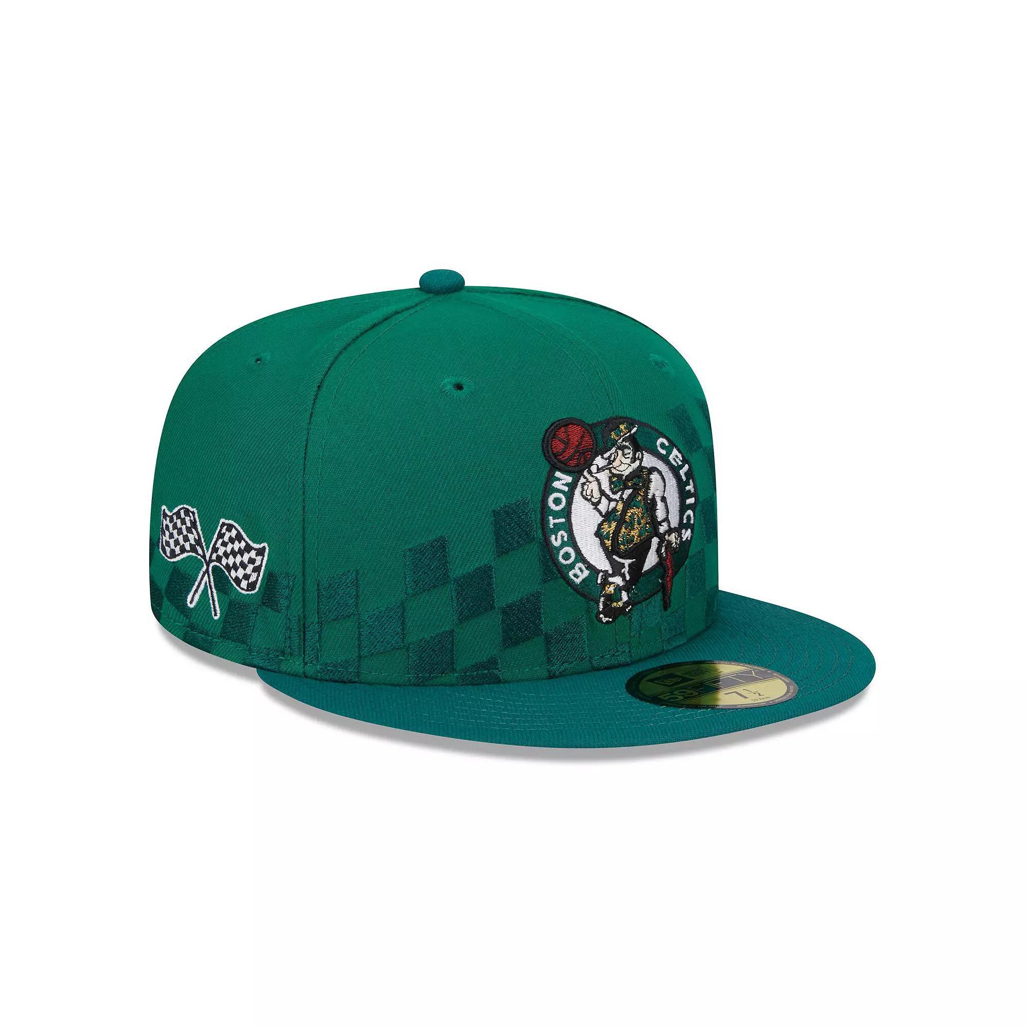 Men's New Era Kelly Green Boston Celtics Rally Drive Checkerboard 59FIFTY Crown Fitted Hat,  Product Image