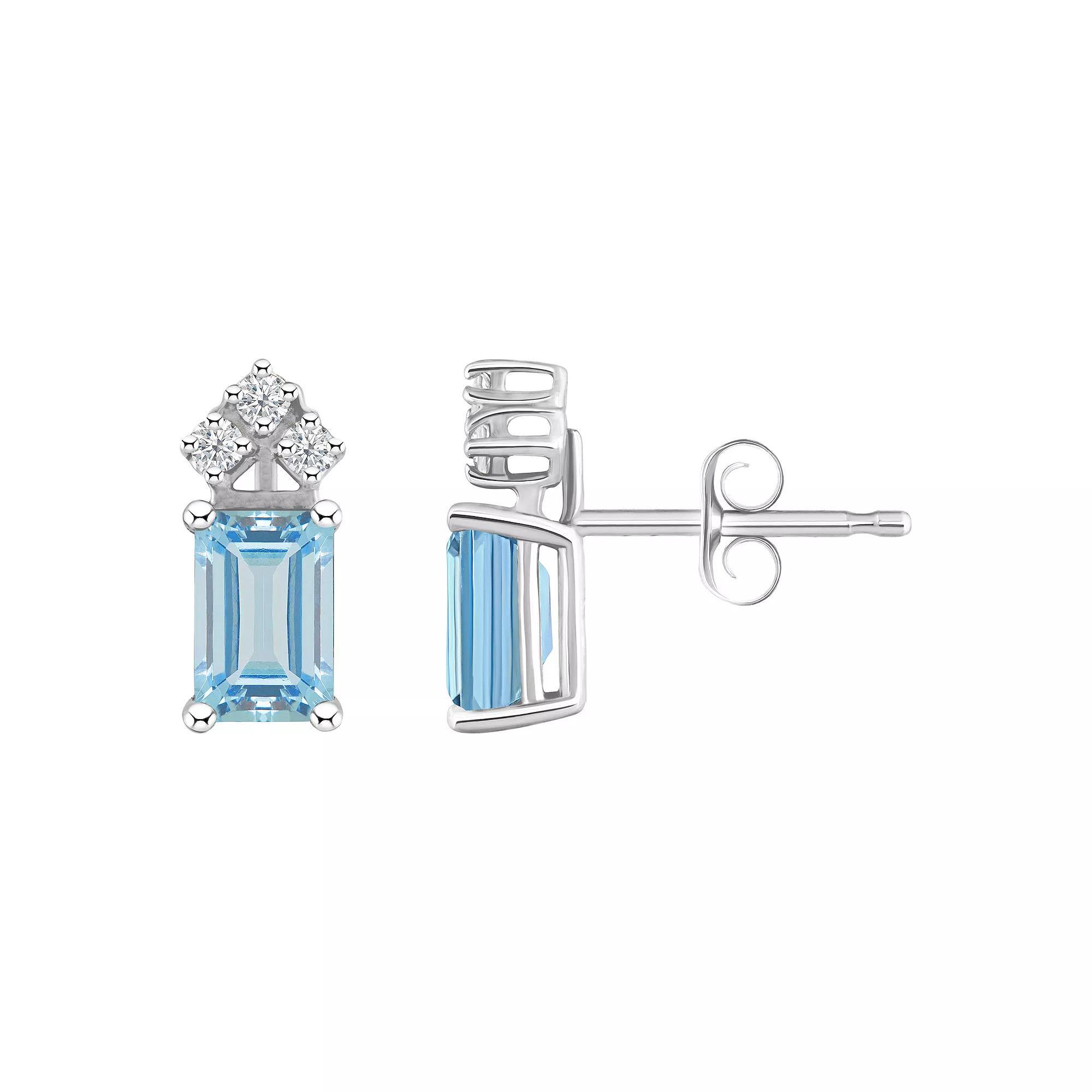 Celebration Gems 14k Gold Emerald Cut Aquamarine & 1/8 Carat T.W. Diamond Stud Earrings, Women's, 14k Whgold Product Image