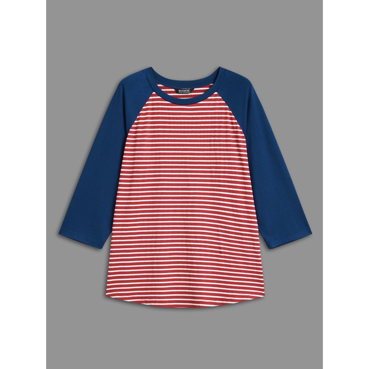 Plus Size Color-Block Striped Raglan Sleeve T-Shirt Multicolor Women Casual Contrast Round Neck Everyday T-shirts BloomChic 10/M Product Image