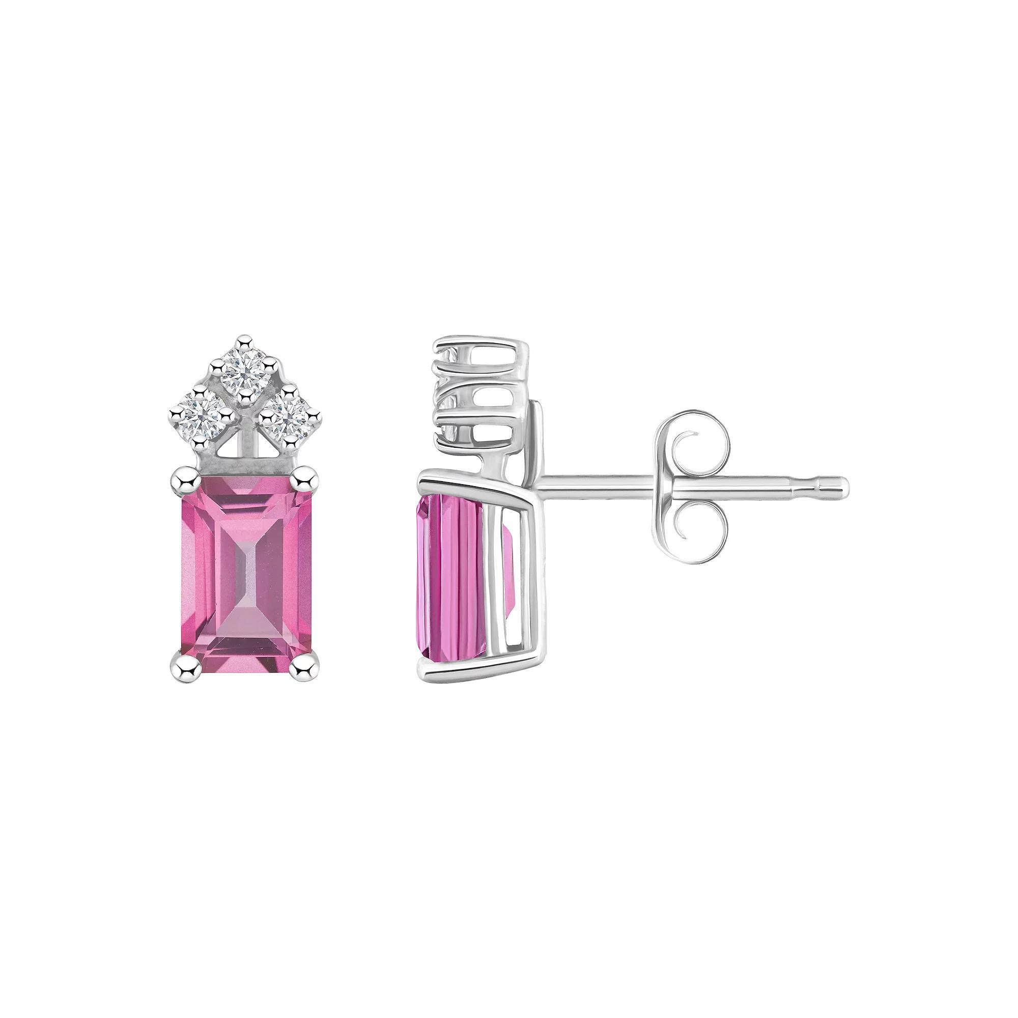 Celebration Gems 14k Gold Emerald Cut Pink Topaz & 1/8 Carat T.W. Diamond Stud Earrings, Womens Product Image
