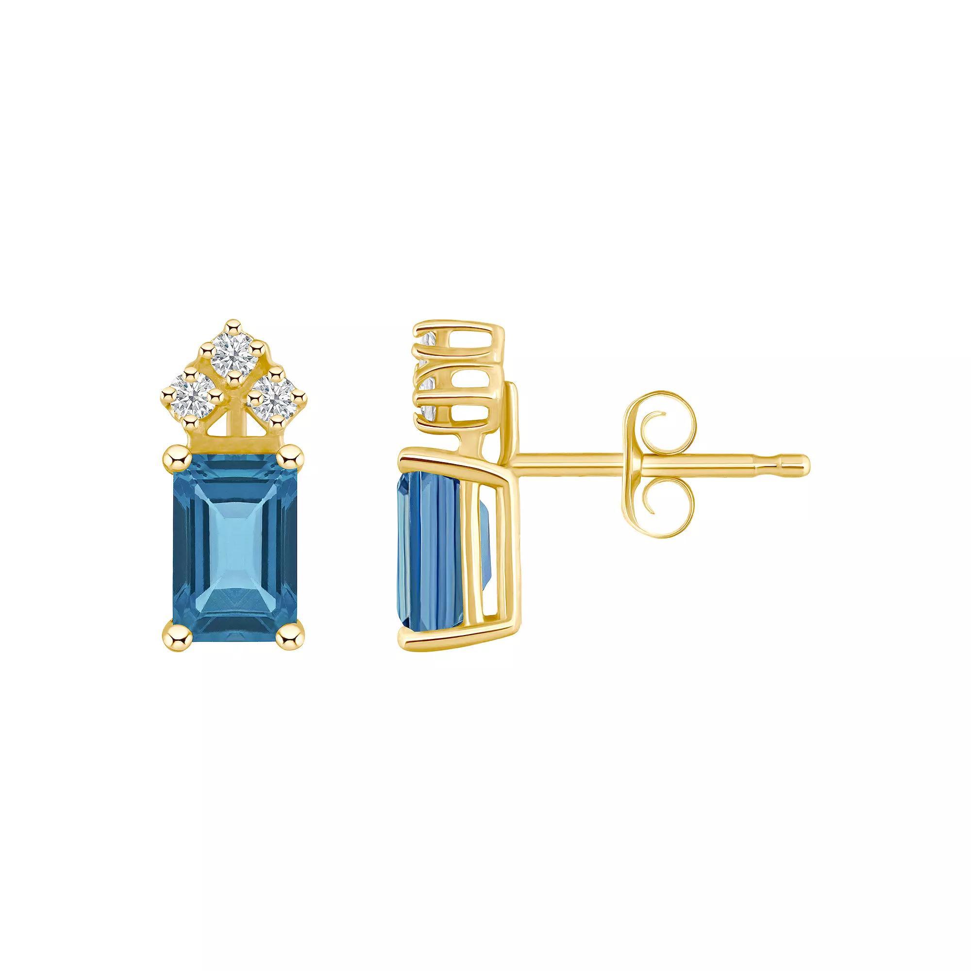 Celebration Gems 14k Gold Emerald Cut London Blue Topaz & 1/8 Carat T.W. Diamond Stud Earrings, Womens Product Image