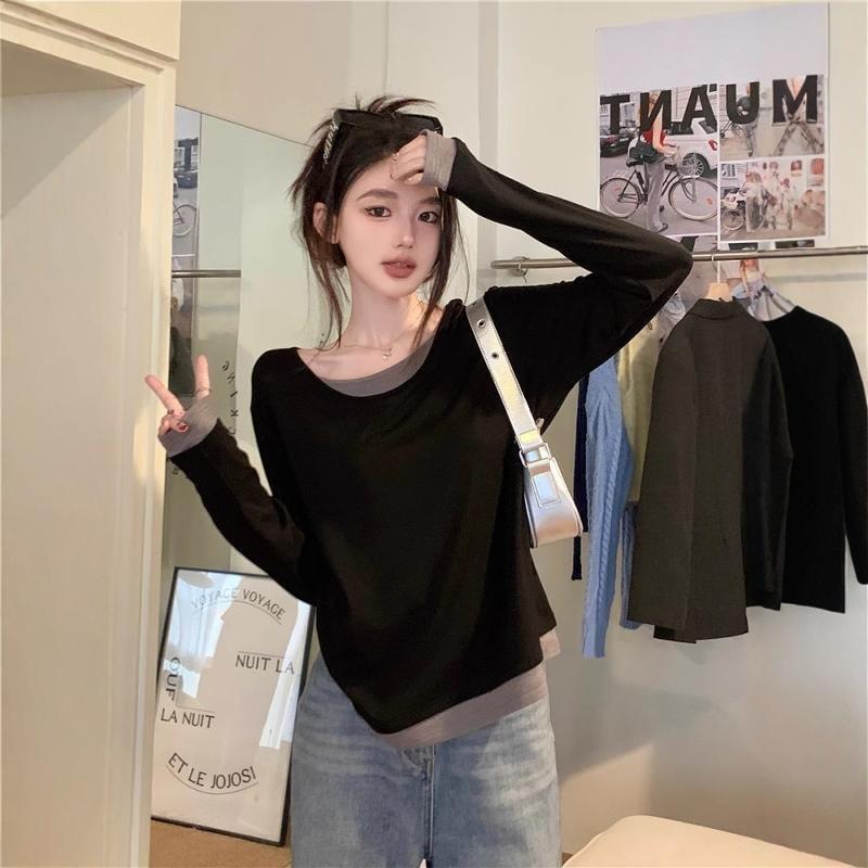 Mock Two-Piece Long-Sleeve Crew Neck Two Tone Tee Product Image