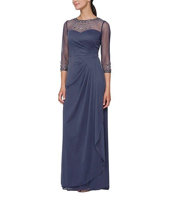 Alex Evenings Petite Size Crew Neck 3/4 Sleeve Stretch A-Line Gown Product Image