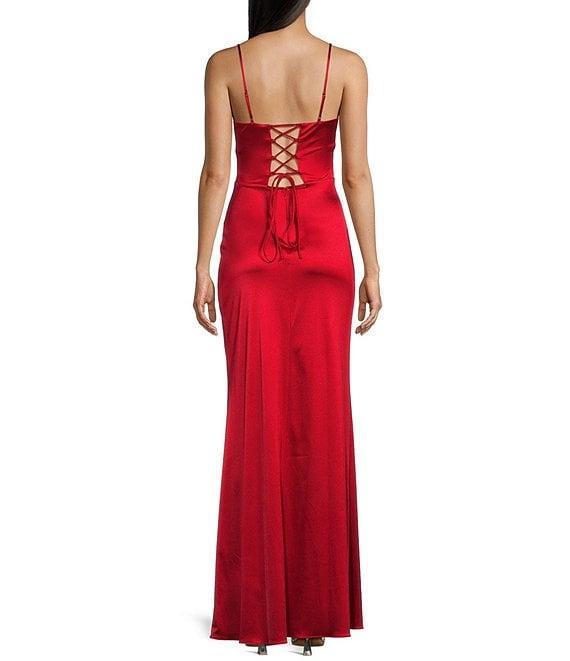 Blondie Nites Power Sateen Pinch Neckline Spaghetti Strap Keyhole Corset Dress Product Image