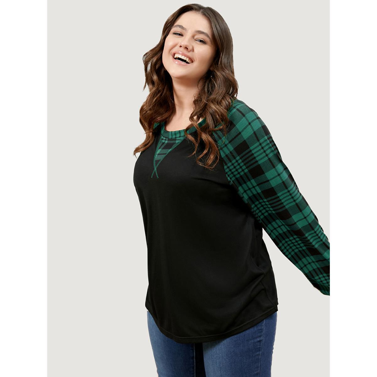 Plus Size Plaid Patchwork Bell Sleeve Long Tee DarkGreen Women Casual Contrast Plaid Round Neck Dailywear T-shirts BloomChic 10/M Product Image