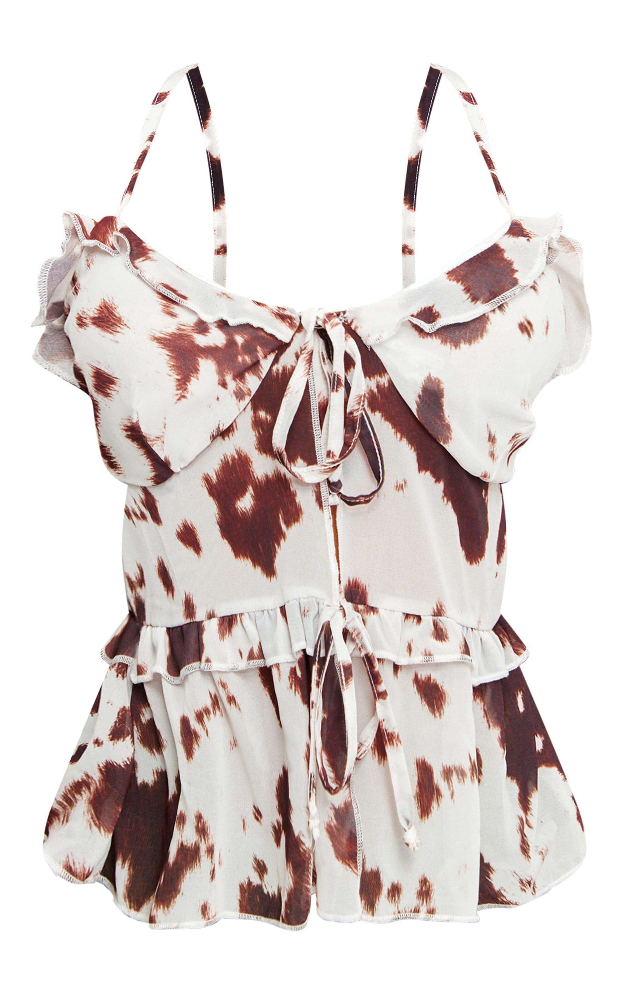 Brown Printed Chiffon Tie Front Ruffle Top Product Image
