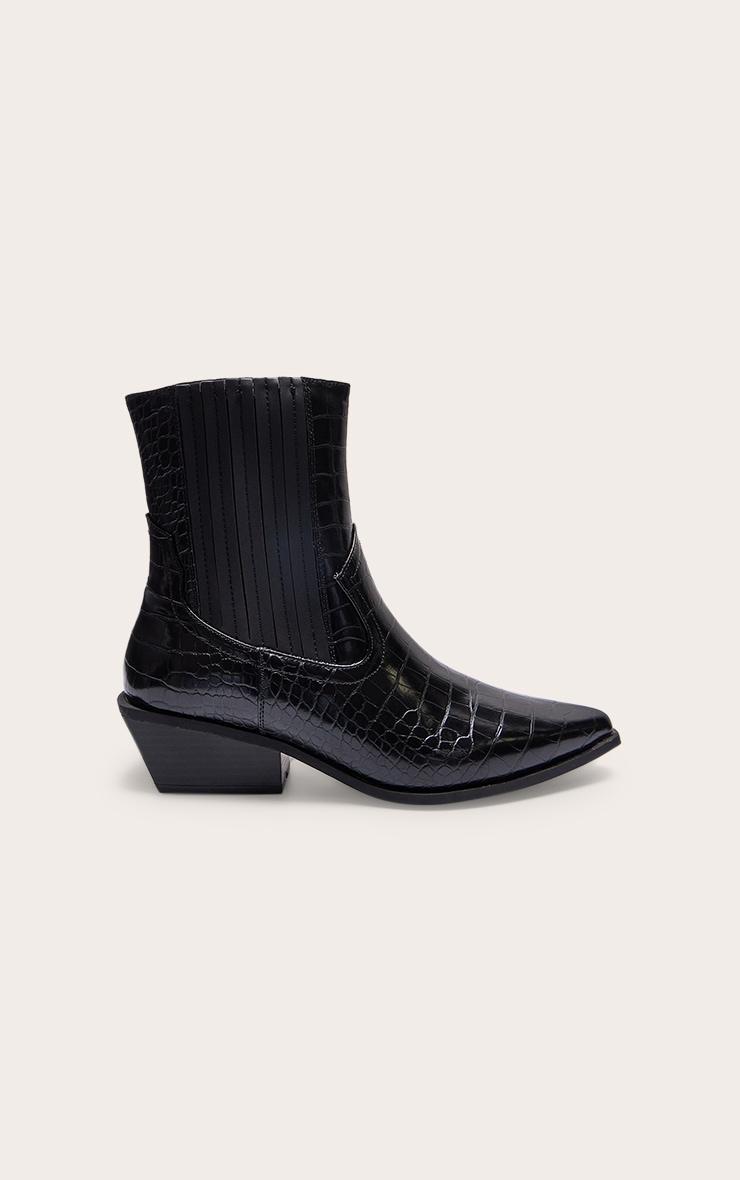 Black Croc PU Point Toe Low Block Heel Western Ankle Boots Product Image