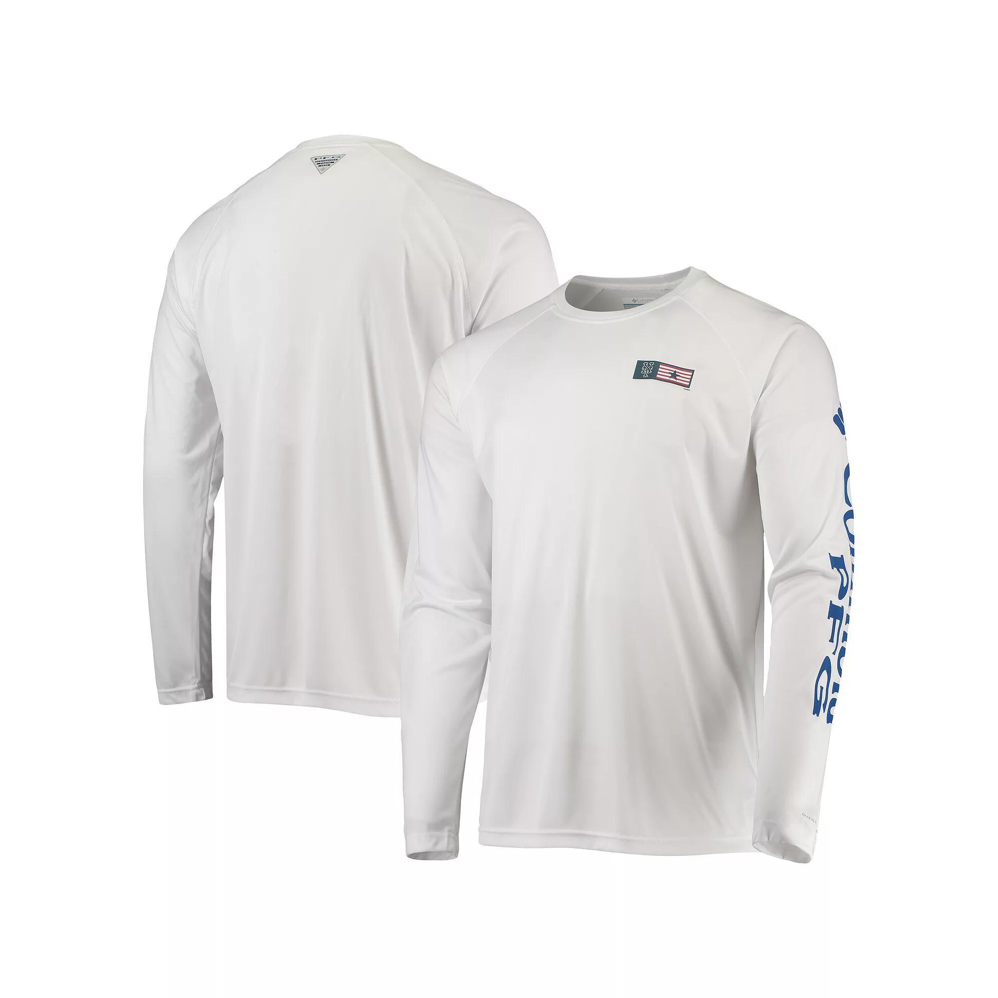 Men's Columbia White New York Mets Americana Terminal Tackle Omni-Shade Long Sleeve Raglan T-Shirt,  Product Image