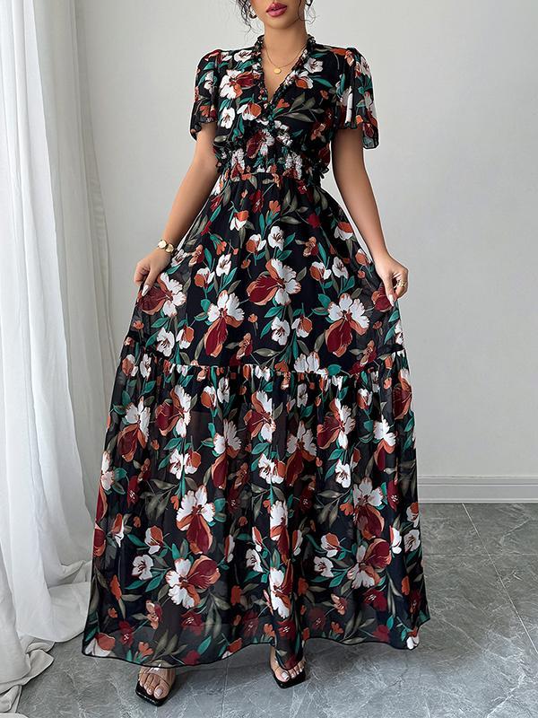 A-Line Loose Contrast Color Elasticity Flower Print Pleated V-Neck Maxi Dresses Product Image
