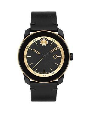 Movado Bold Mens TR90 Quartz Analog Gold Tone Black Leather Strap Watch Product Image