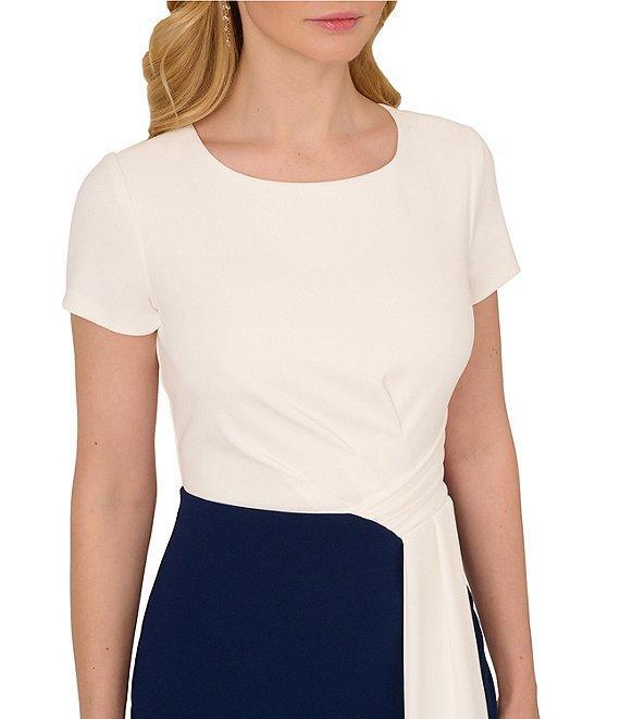 Adrianna Papell Crew Neck Short Sleeve Two Tone Drape Front Crepe Sheath Dress Product Image