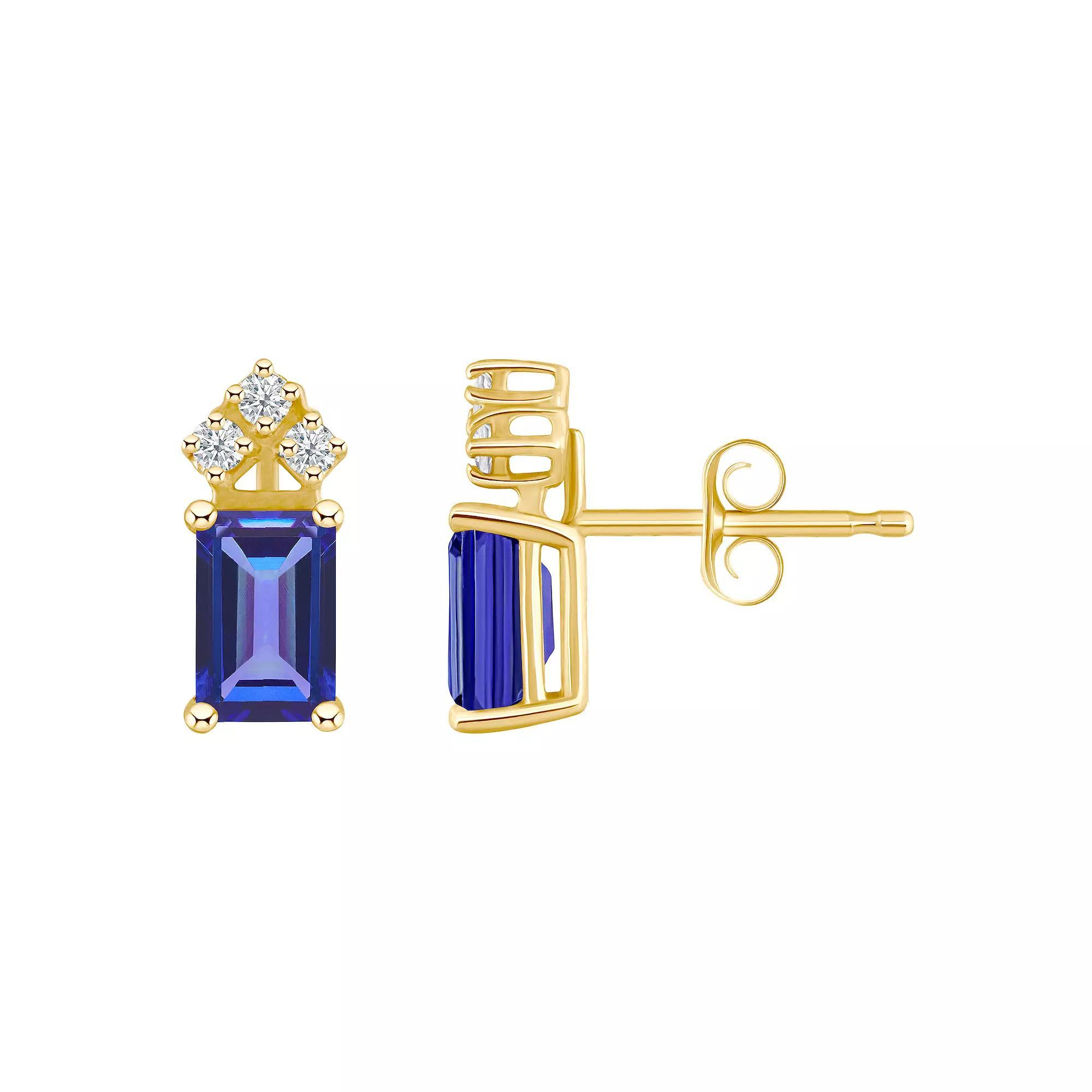 Celebration Gems 14k Gold Emerald Cut Tanzanite & 1/8 Carat T.W. Diamond Stud Earrings, Women's Product Image