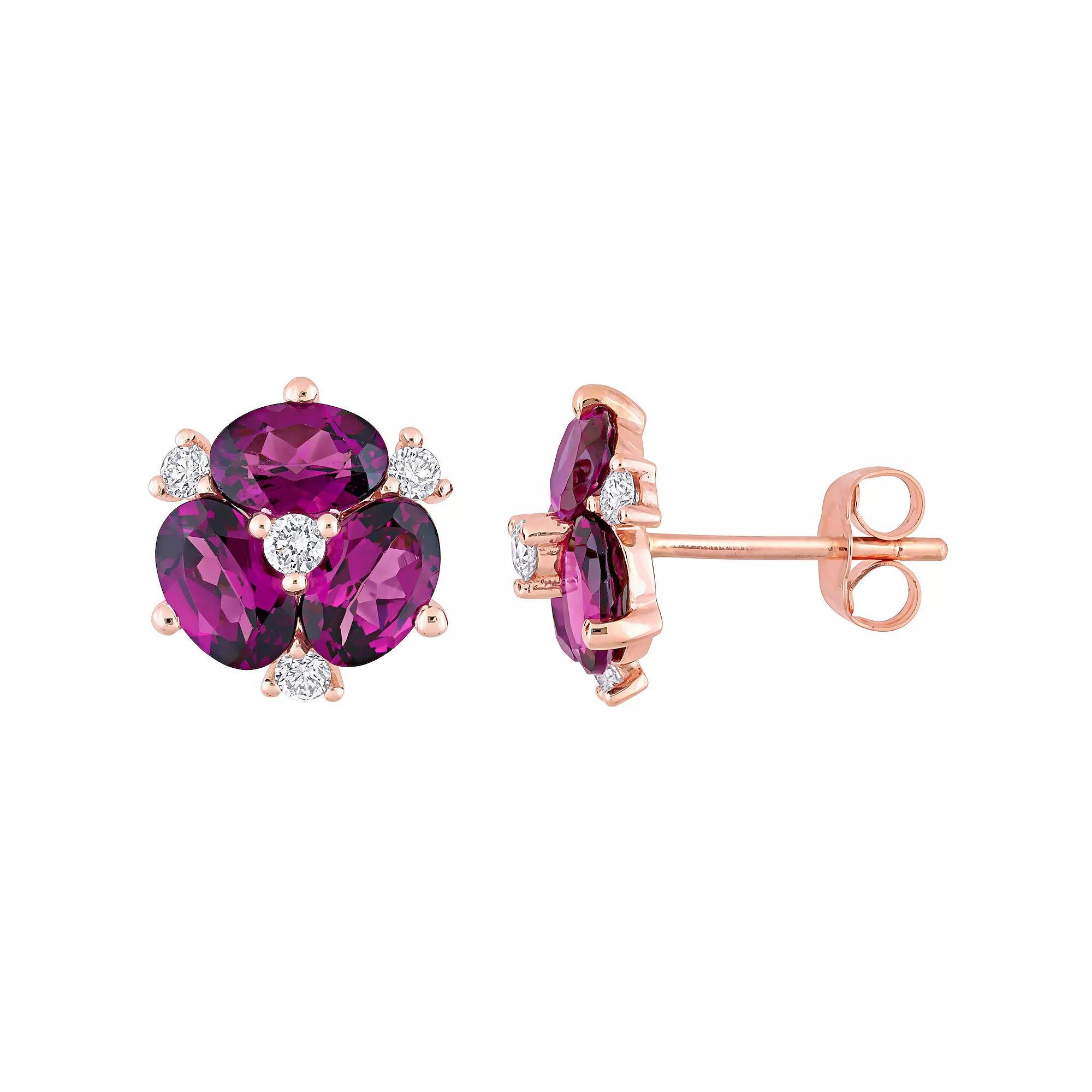 Stella Grace 14k Rose Gold Rhodolite Garnet & 1/4 Carat T.W. Diamond Oval Stud Earrings, Women's, 14k Rsgold Product Image