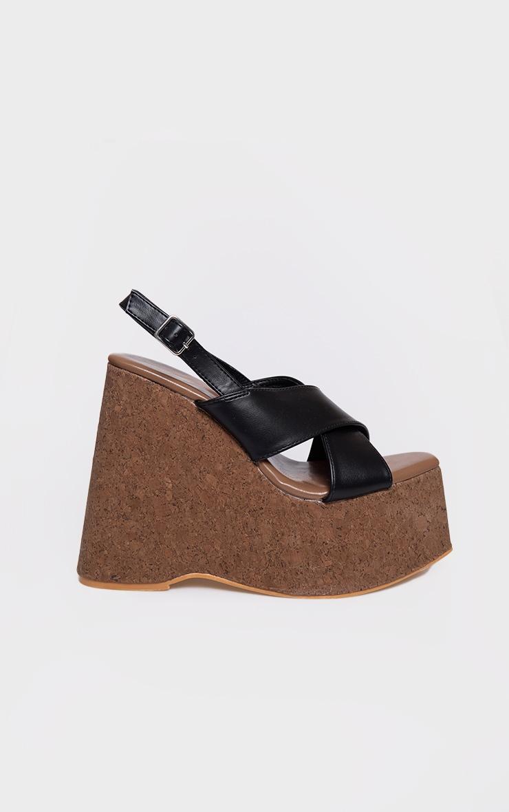 Black PU Square Toe Cross Strap Heeled Wedges Product Image