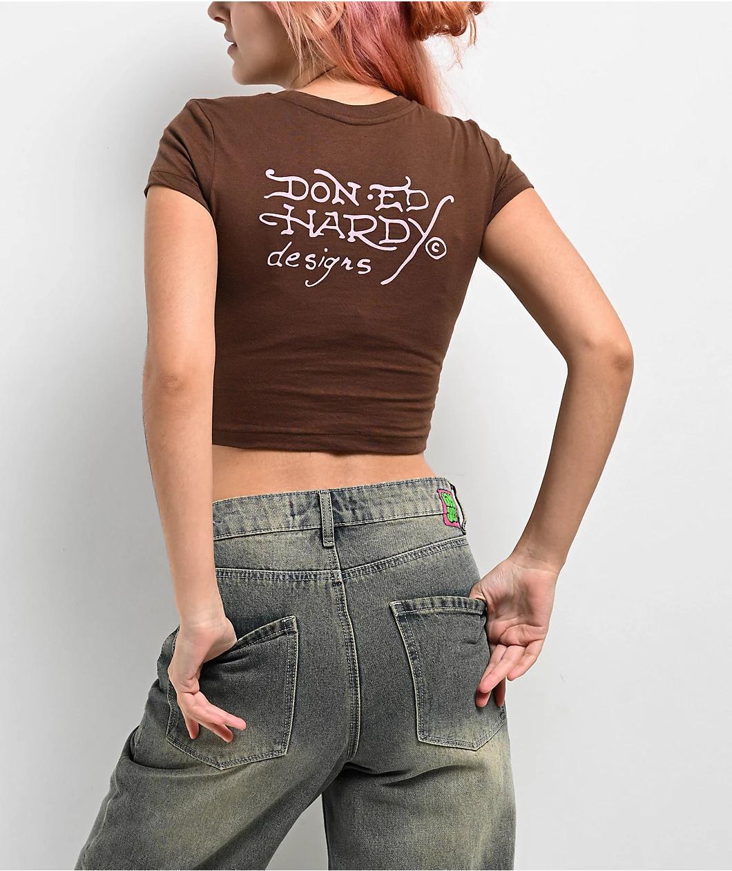 Ed Hardy Tiger Cloud Brown Crop T-Shirt Product Image