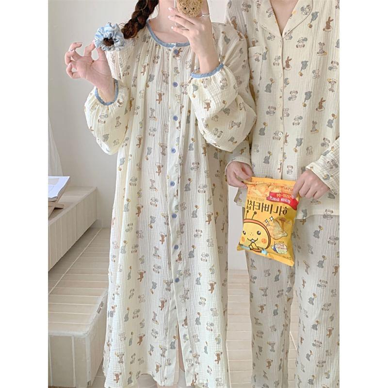 Couple Matching Long-Sleeve Cartoon Print Button-Up Midi Pajama Dress / Top / Pants / Set Product Image