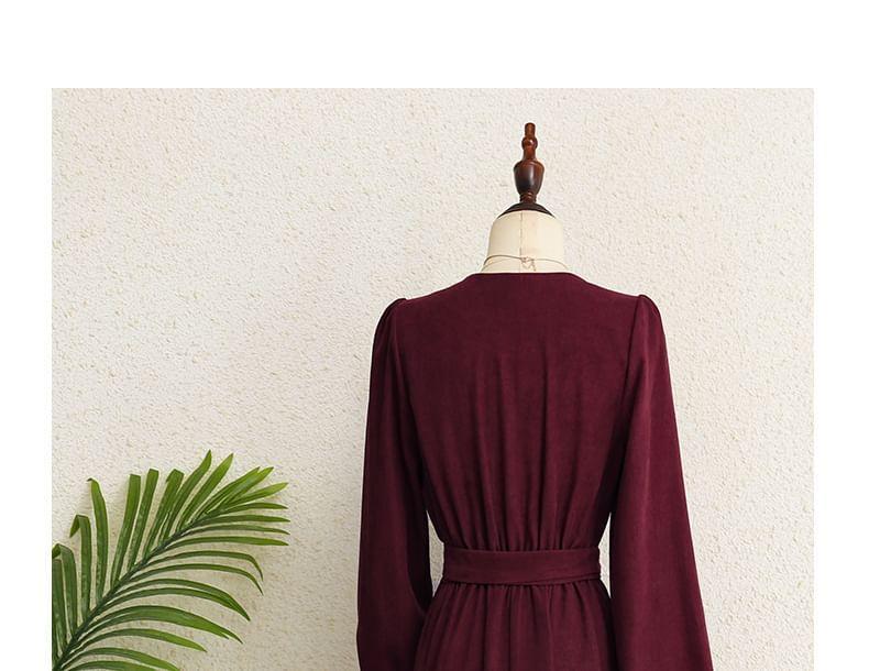 Long Sleeve Square Neck Plain Tie-Waist Midi A-Line Dress Product Image