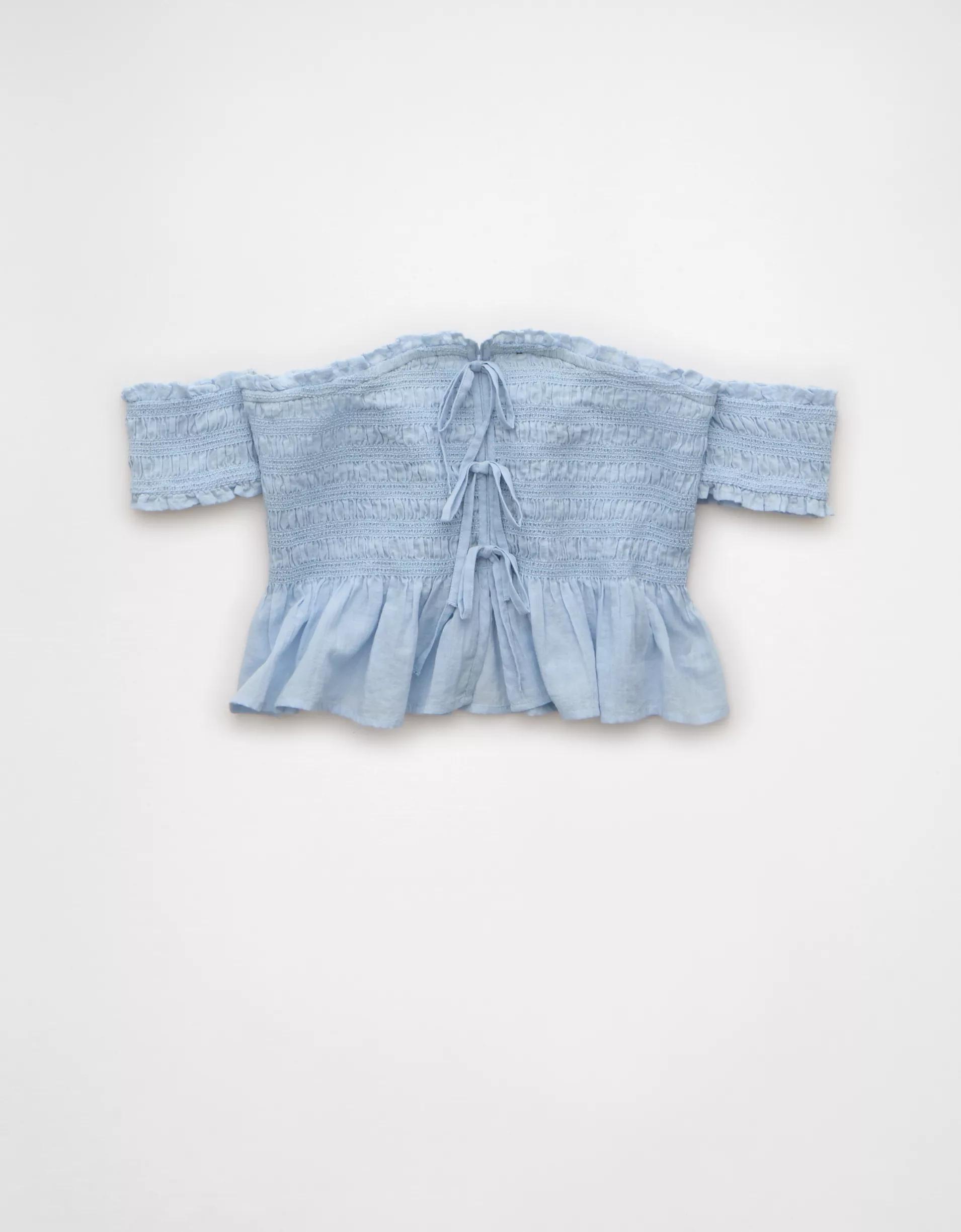 AE Off The Shoulder Smocked Tie Front Crop Top Product Image