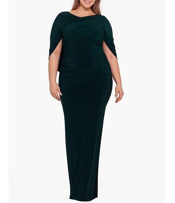 Betsy & Adam Plus Size Boat Neck 3/4 Drape Sleeve Gown Product Image