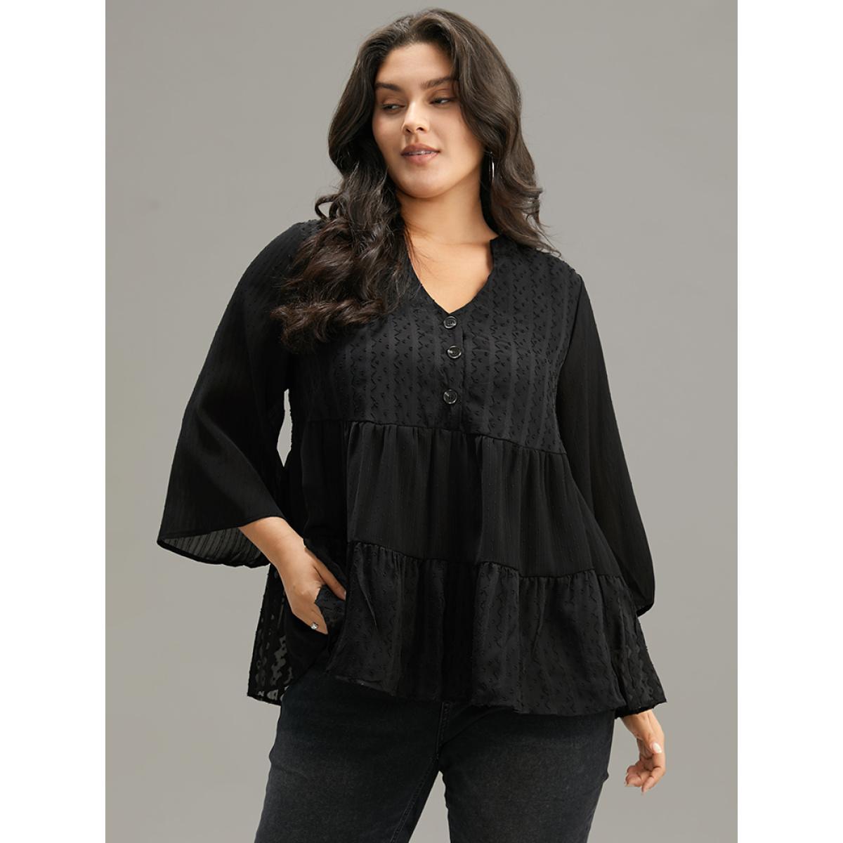Plus Size Black Plain Textured V Neck Elastic Waist Ruffle Hem Blouse Women Elegant Elbow-length sleeve V-neck Dailywear Blouses BloomChic 10/M Product Image