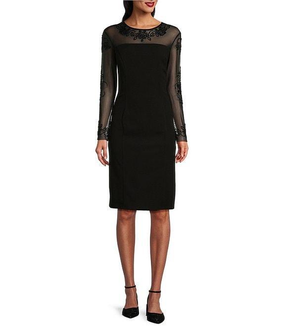 Marina Beaded Illusion Crew Neck Long Sleeve Sheath Dress Product Image