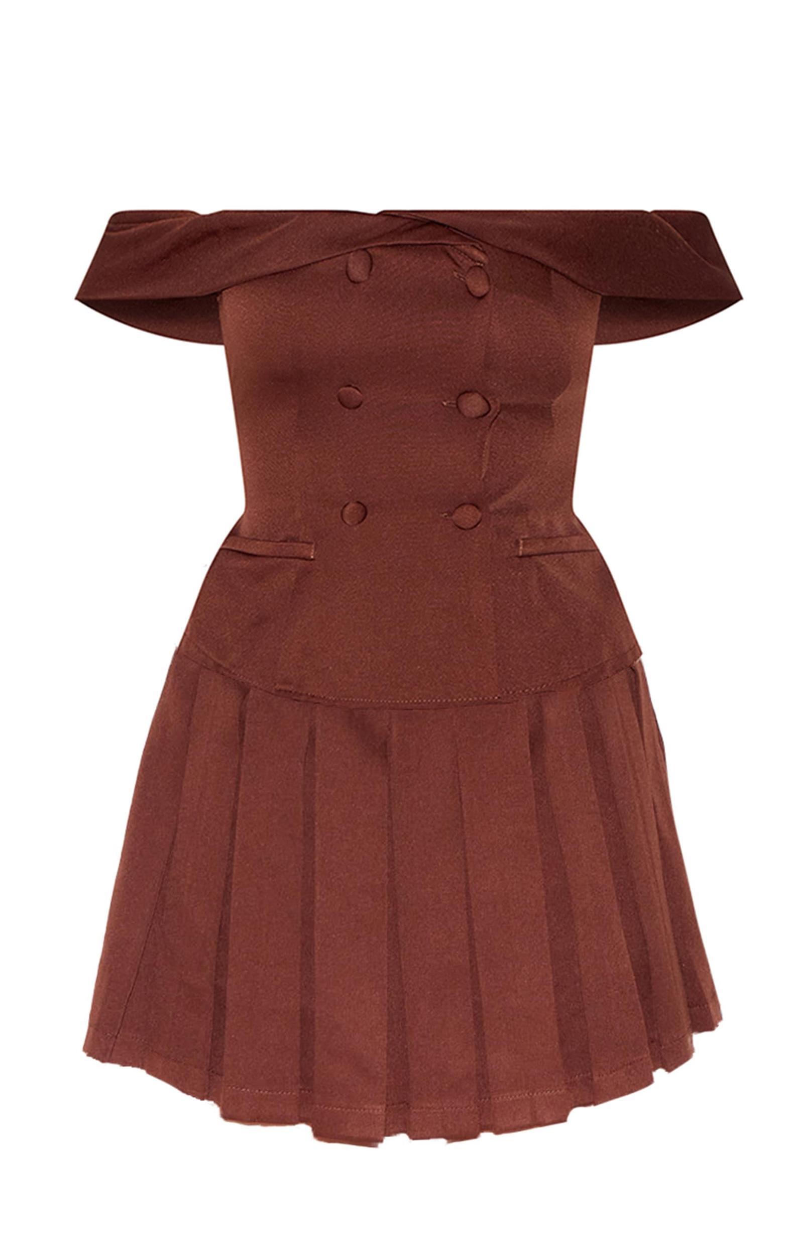 Chocolate Tailored Button Detail Bardot Pleated Skort Romper Product Image