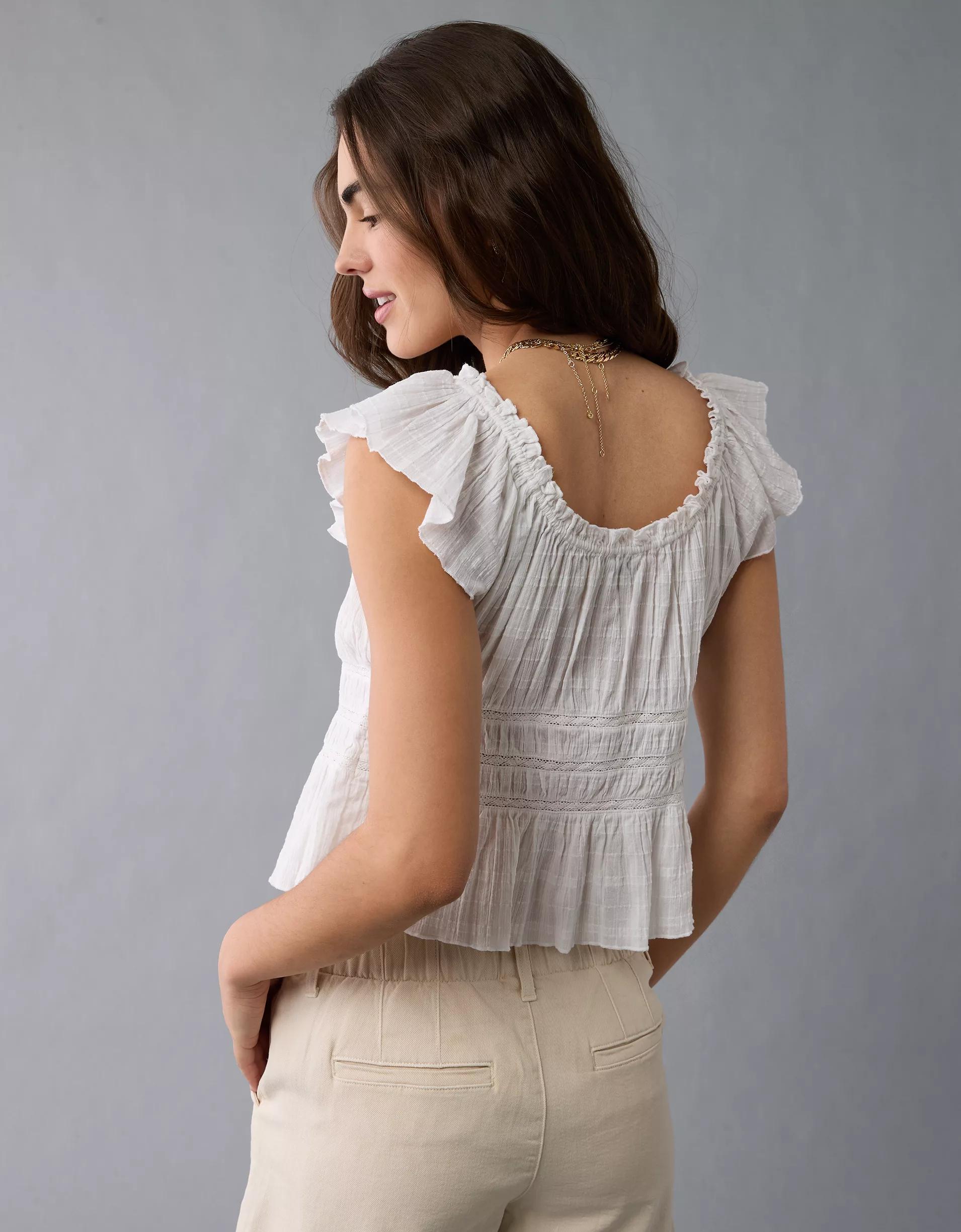 AE Ruched Flutter Sleeve Shirt Product Image