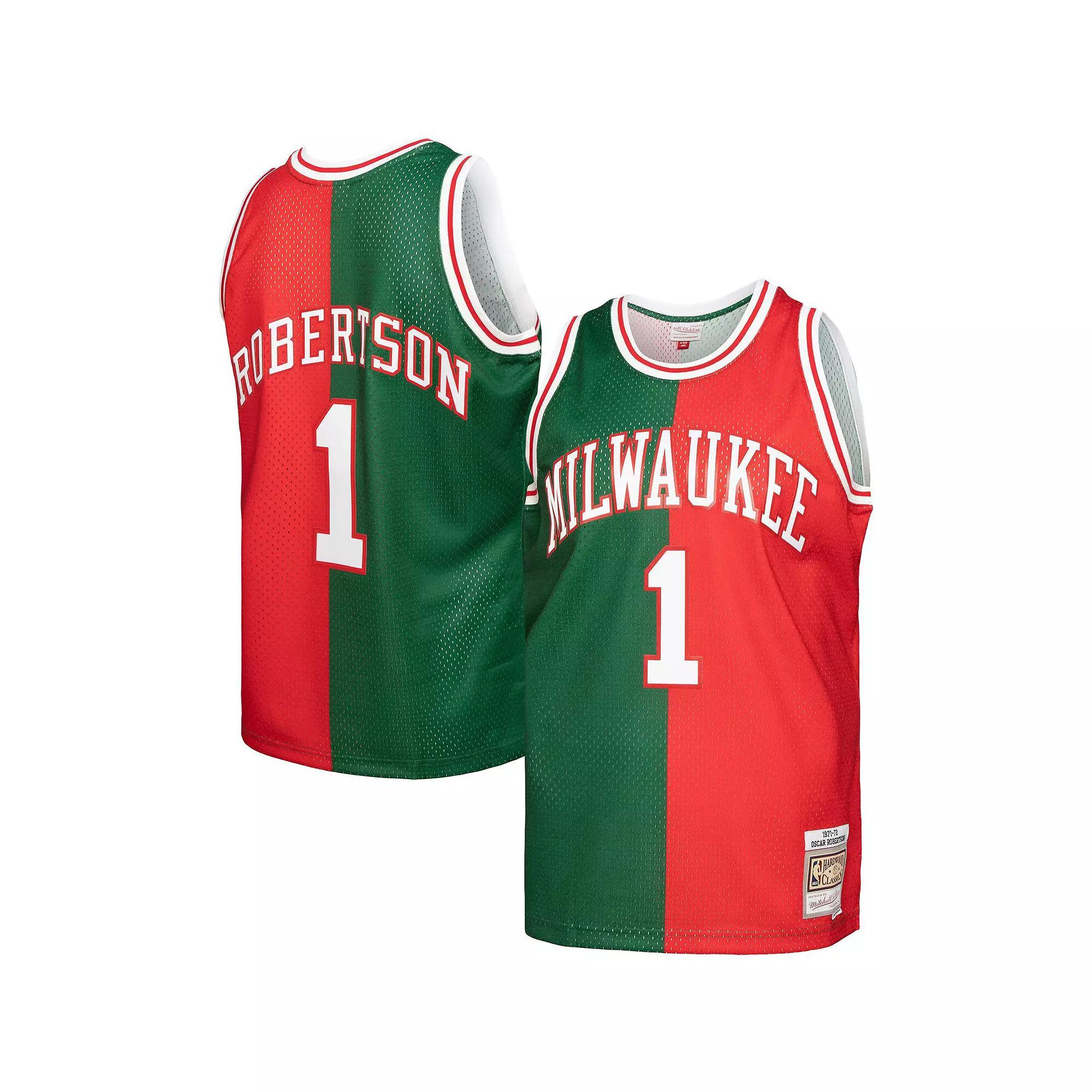 Men's Mitchell & Ness Oscar Robertson Green/Red Milwaukee Bucks Hardwood Classics 1971-72 Split Swingman Jersey, Size: Medium Product Image