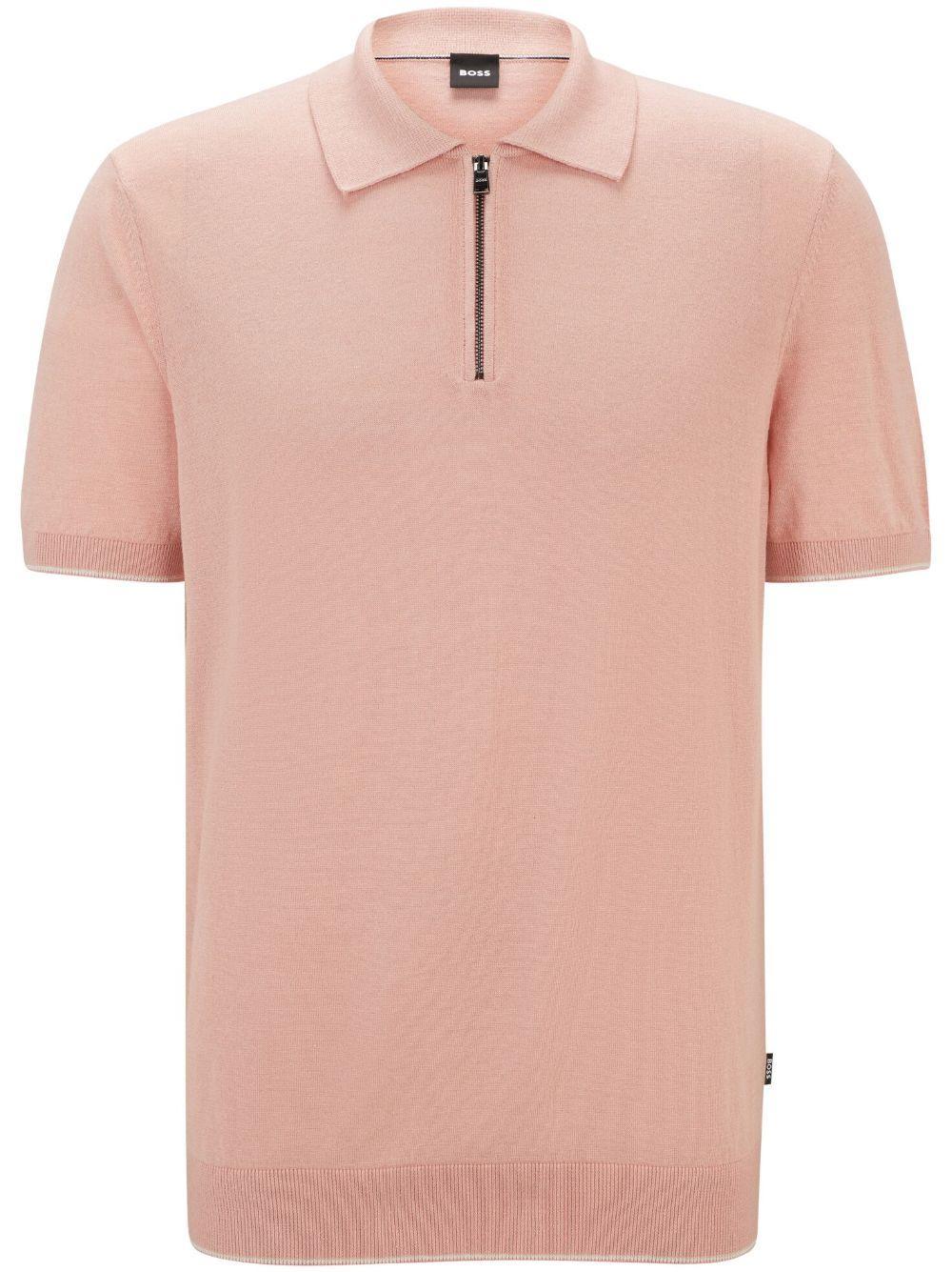 HUGO BOSS Zip-neck Polo Sweater In A Linen Blend In Light Pink Product Image