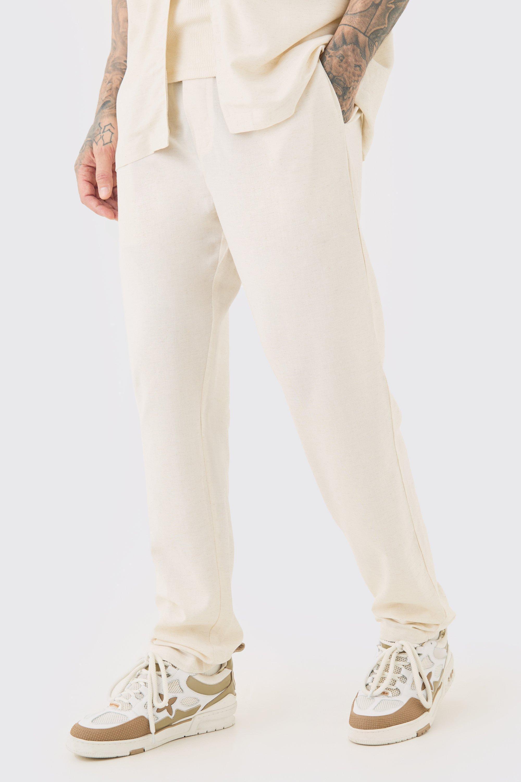 Mens Beige Tall Elasticated Waist Tapered Linen Trouser In Natural, Beige Product Image