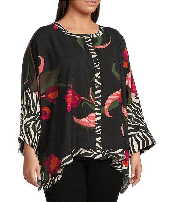 Ali Miles Plus Size Woven Floral Zebra Multi Print Round Neck Long Dolman Sleeve Button Front Tunic Product Image
