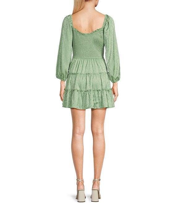 B. Darlin Floral Satin Jacquard Long Sleeve Square Neck Tiered Dress Product Image