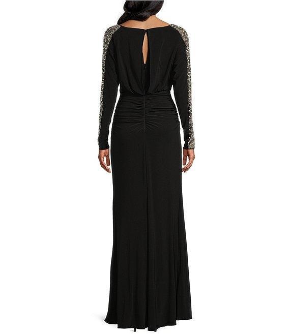 Betsy & Adam Beaded Boat Neck Long Sleeves Shirred Bodice Sheath Dress Product Image