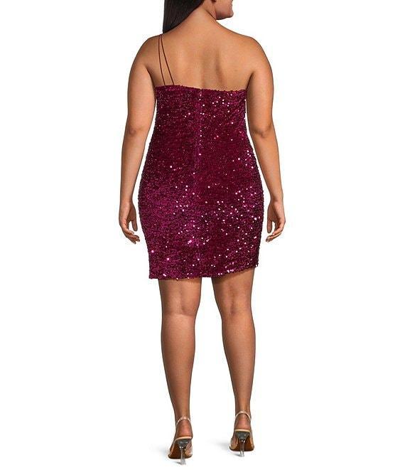 Midnight Doll Plus One-Shoulder Sleeveless Sequin Velvet Bodycon Dress Product Image