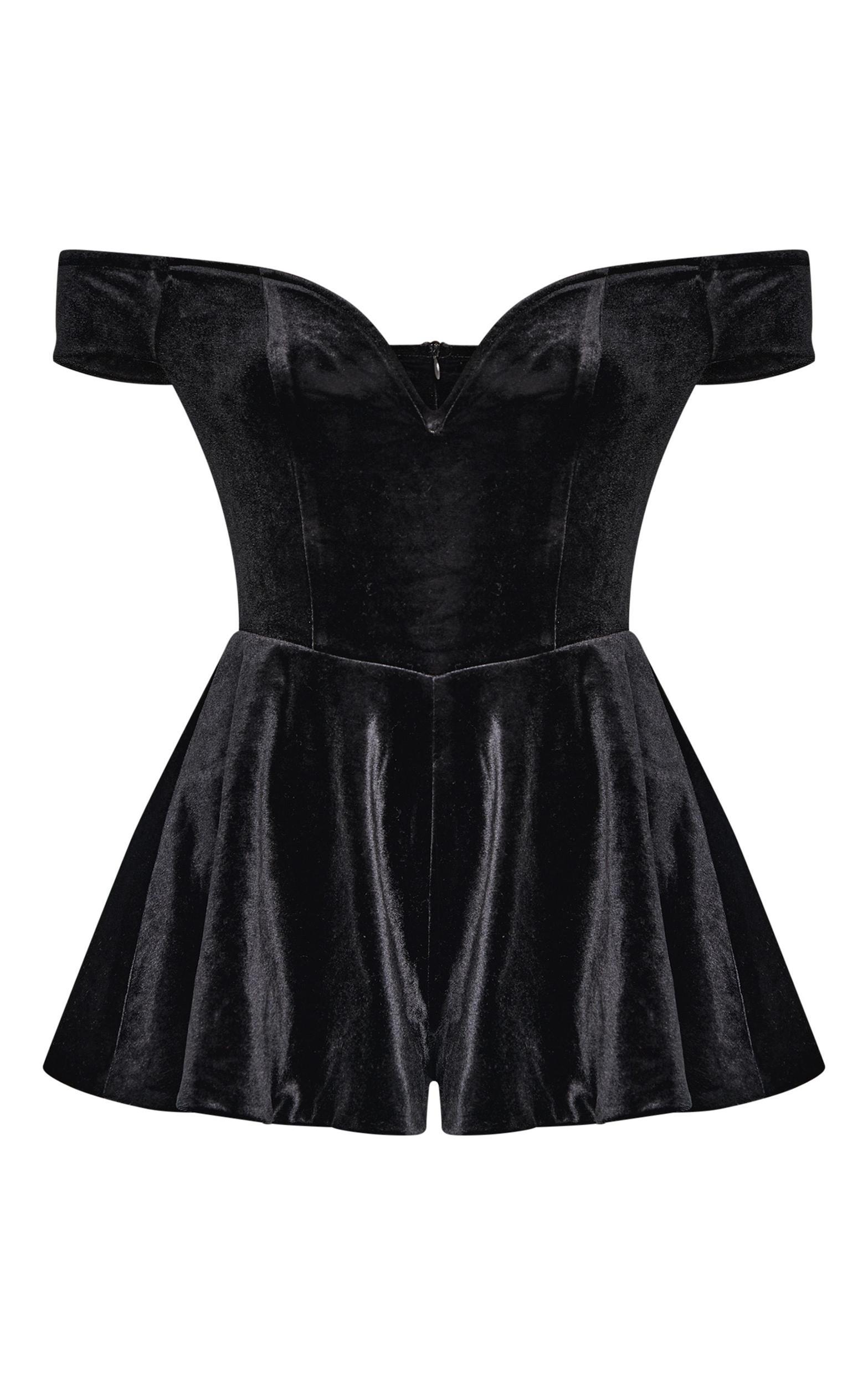 Black Velvet Bardot Sweetheart Neckline Floaty Romper Product Image