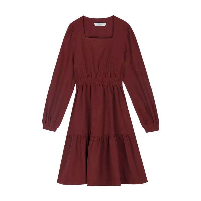 Long-Sleeve Square-Neck Plain Mini A-Line Dress Product Image