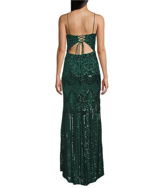 Blondie Nites Patterned Sequin Scoop Neck Sleeveless Tie Back Long Gown Product Image