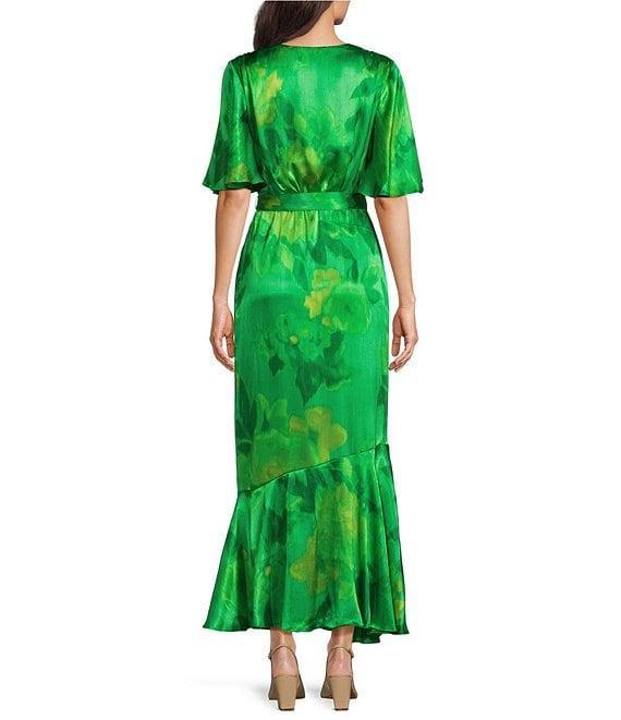 Taylor Printed Satin Crinkle Crepe Surplice V-Neck Short Flutter Self Tie Belt Faux Wrap Maxi Dress Product Image