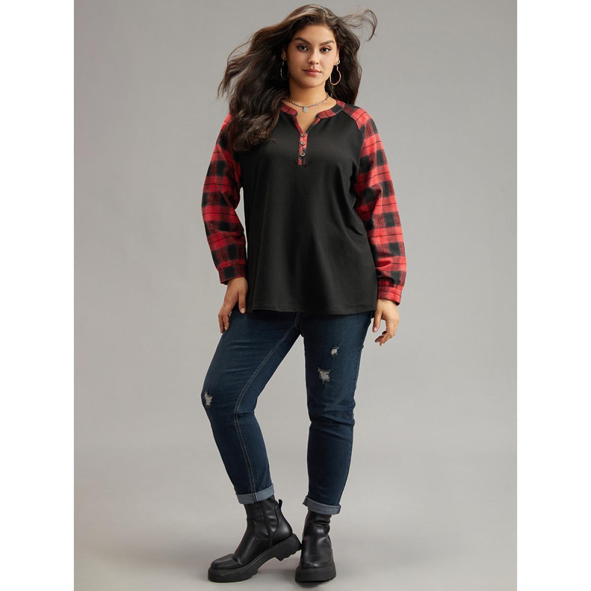 Plus Size Plaid Patchwork Notched Button Detail Sweatshirt Women Red Casual Patchwork Notched collar Everyday Sweatshirts BloomChic 26/4X Product Image