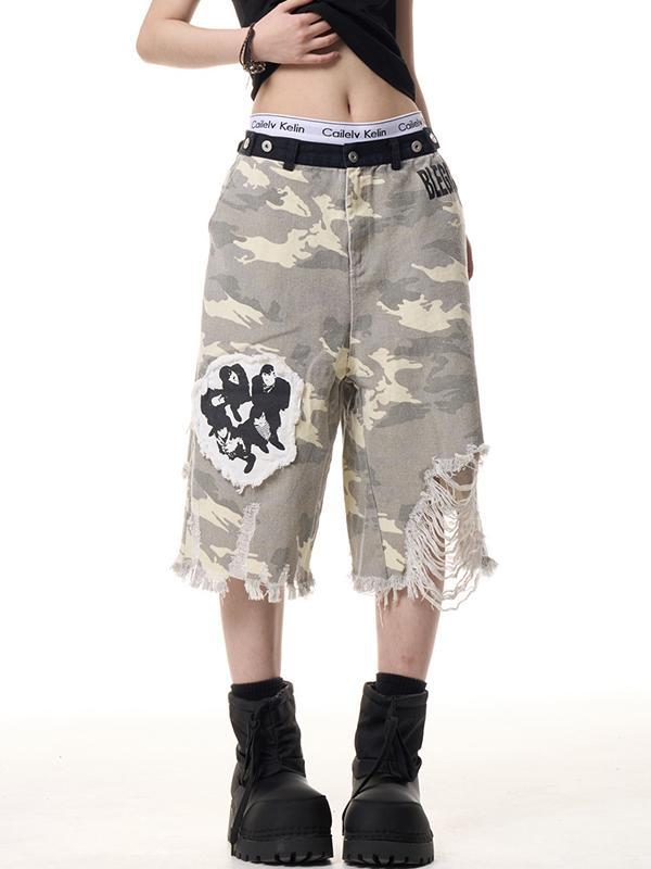 Vintage Camouflage Ripped Patch Denim Shorts Product Image