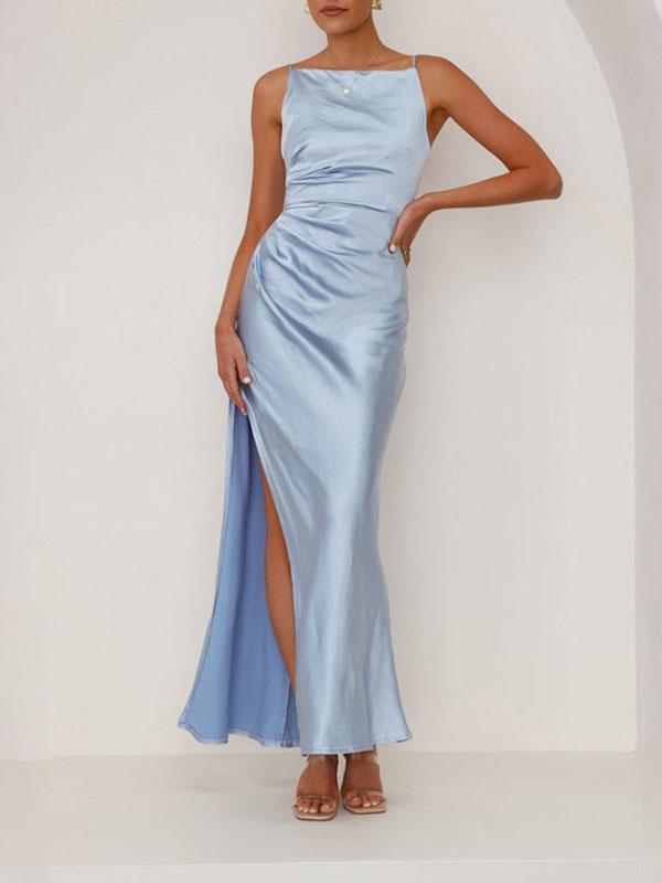 Sleeveless Pleated Solid Color Split-Joint Split-Side Spaghetti-Neck Midi Dresses Product Image